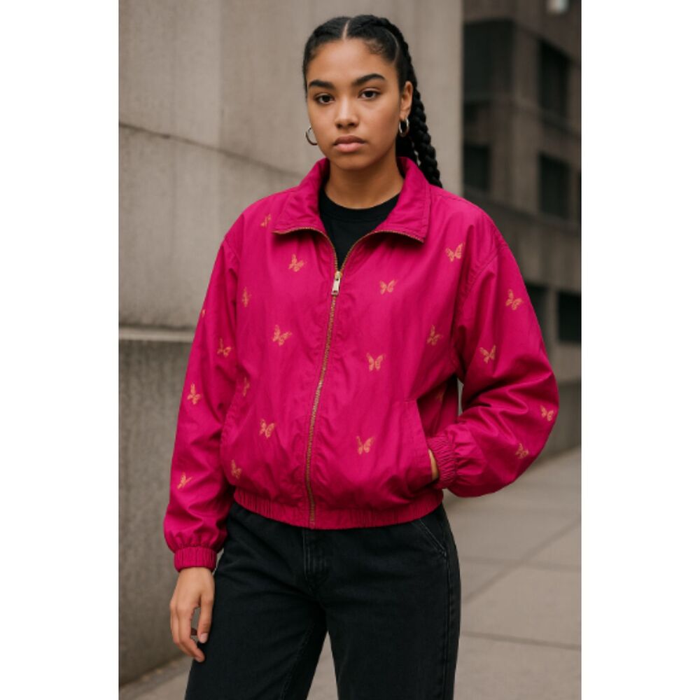 Vintage Abvien Y2K Pink Silk Gold Butterfly Print Bomber‎ Jacket Size XL